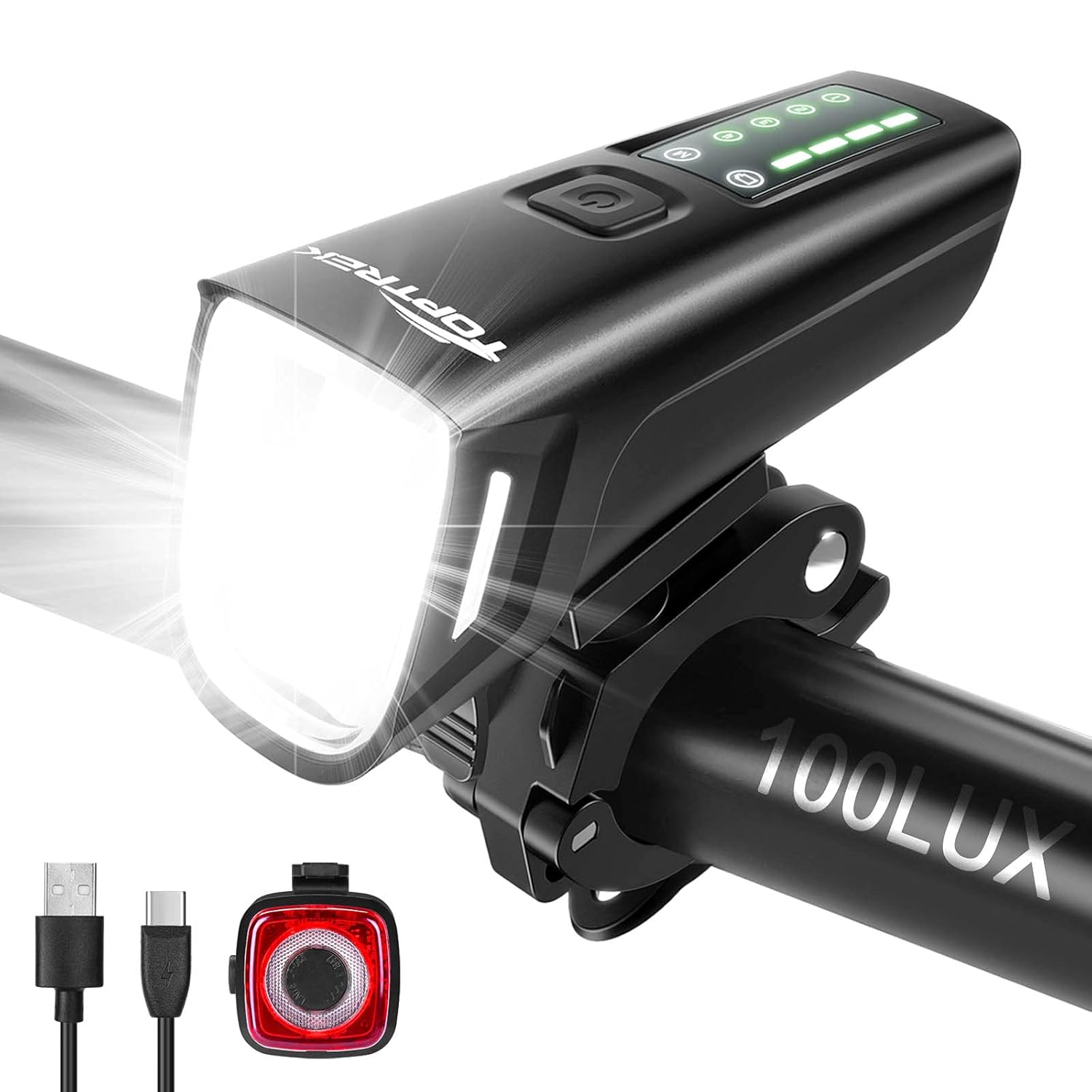 Toptrek - USB Rechargeable Bicycle Light Set With 100 Lux, 4 Modes & Rainproof Design
