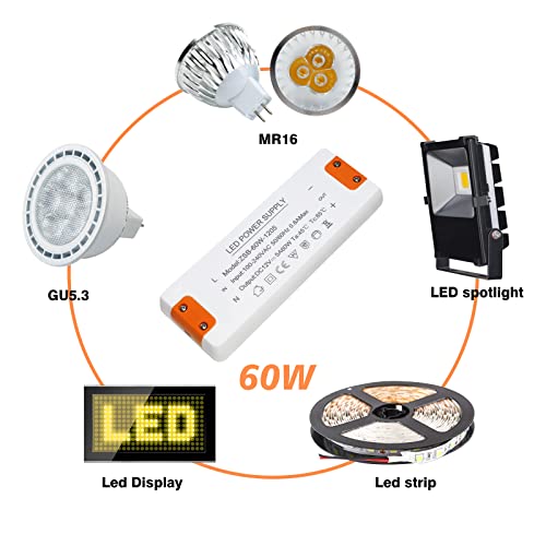 Zakvop - 12V LED Driver, 60W 5A Transformer, Compact Power Supply for G4 GU5.3 MR11 MR16