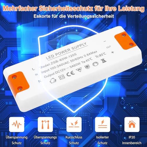 Zakvop - 12V LED Driver, 60W 5A Transformer, Compact Power Supply for G4 GU5.3 MR11 MR16