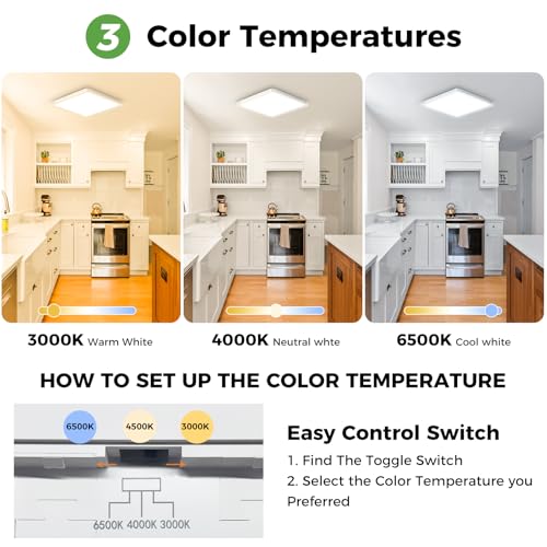 Zemty - Square LED Ceiling Light, 1800LM, IP44 Waterproof, 3 Color Temperatures