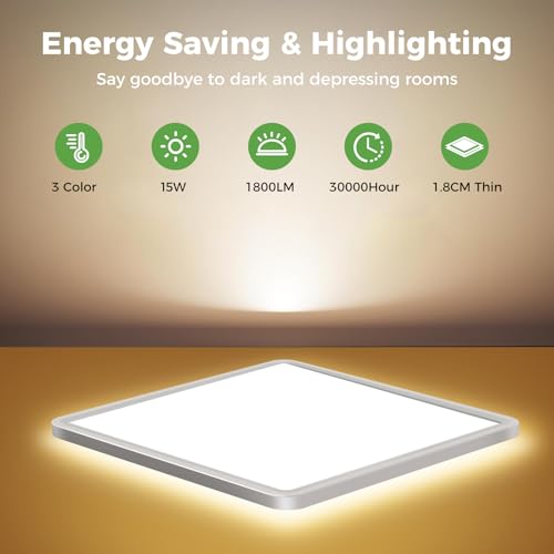 Zemty - Square LED Ceiling Light, 1800LM, IP44 Waterproof, 3 Color Temperatures