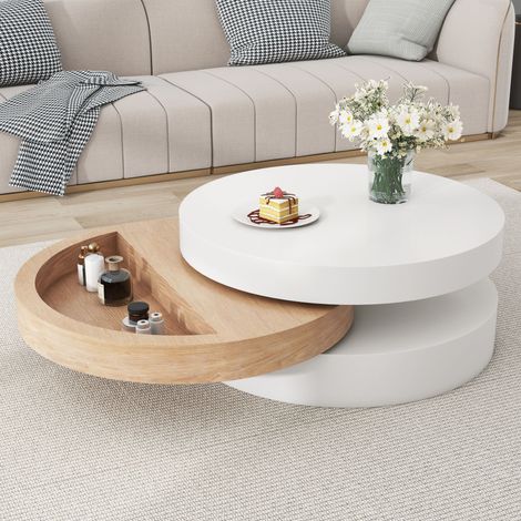 White and willow wood cylindrical coffee table with 360° rotating top and three shelves