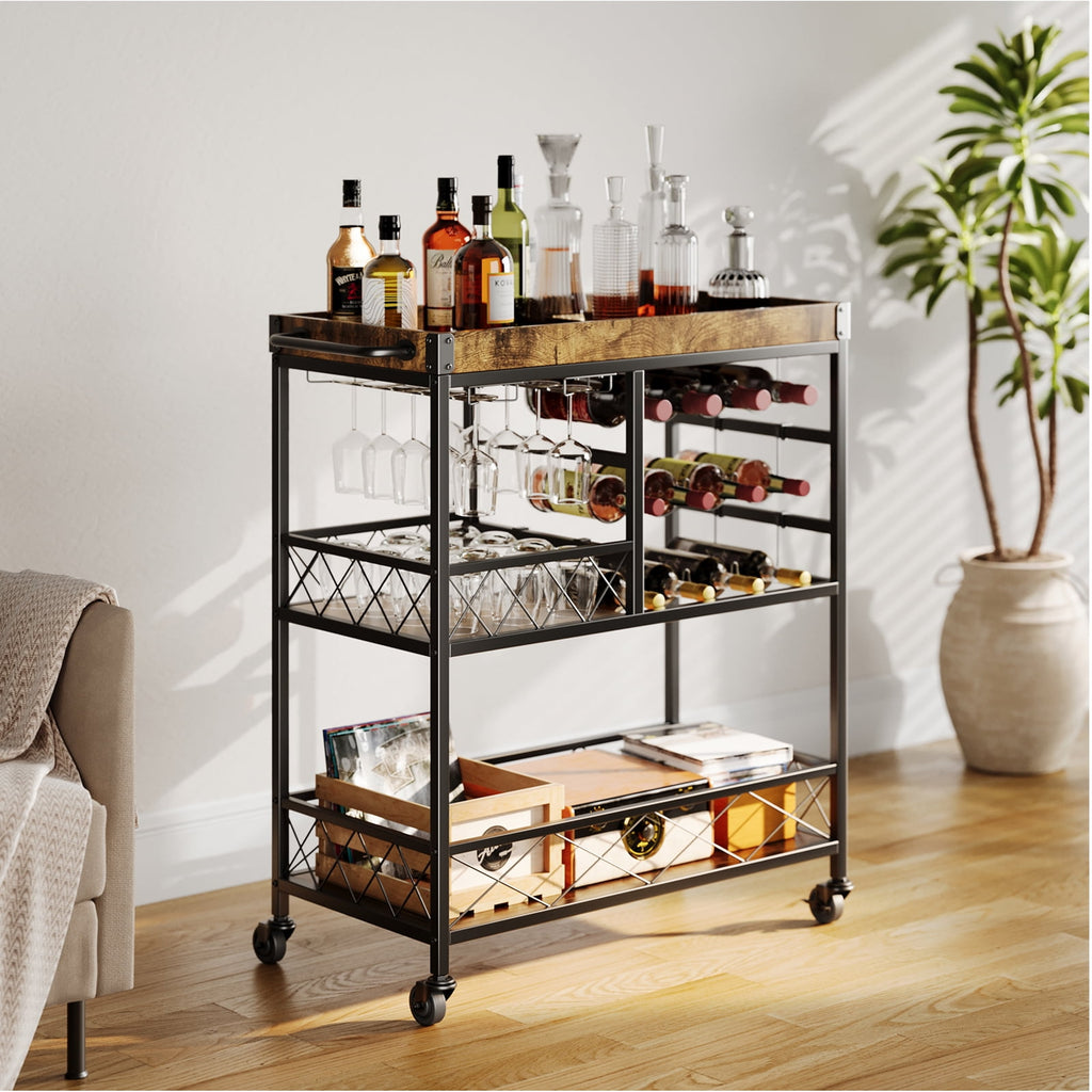 Asofer 3-Tier Bar Cart with Lockable Wheels - Retro