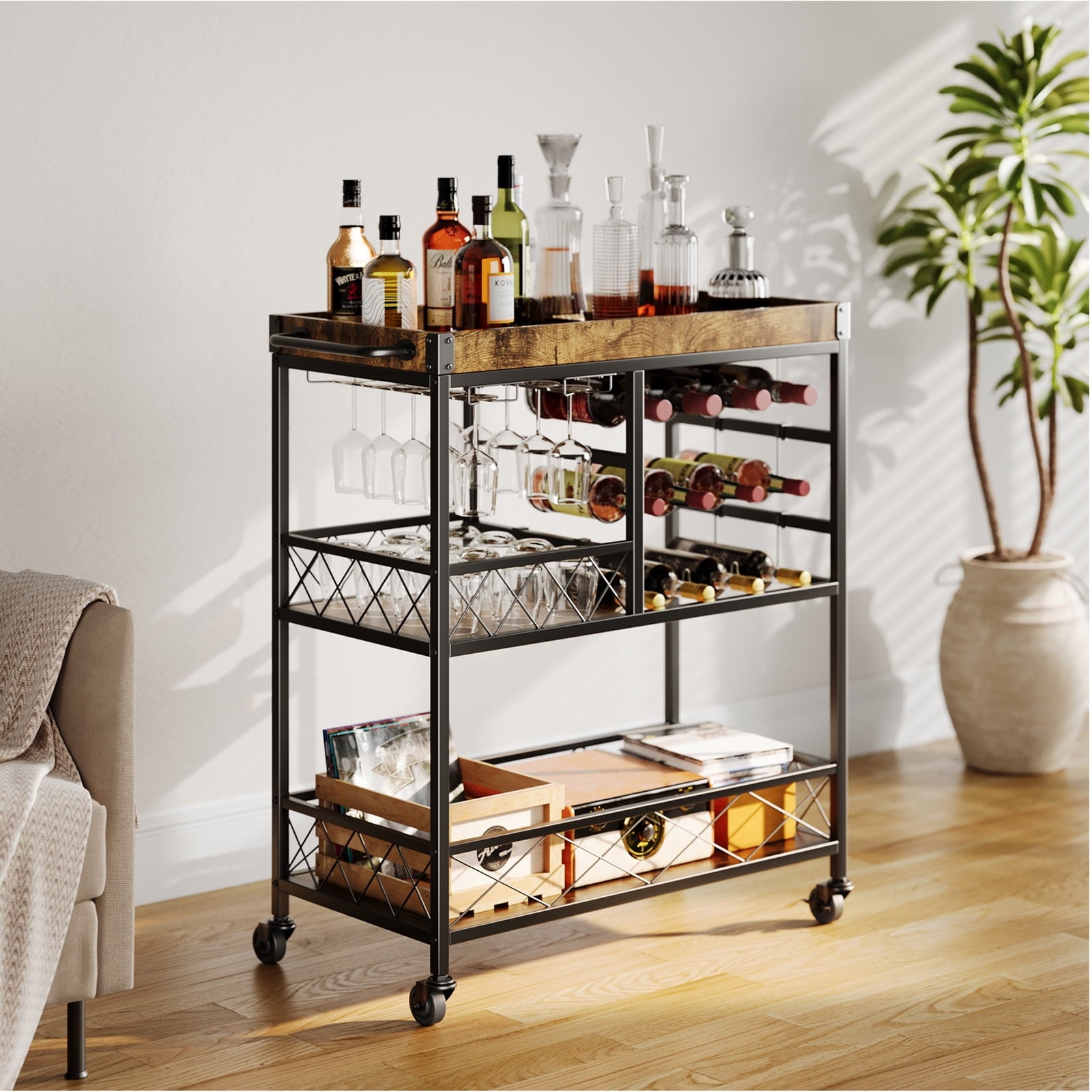 Asofer 3-Tier Bar Cart with Lockable Wheels - Retro