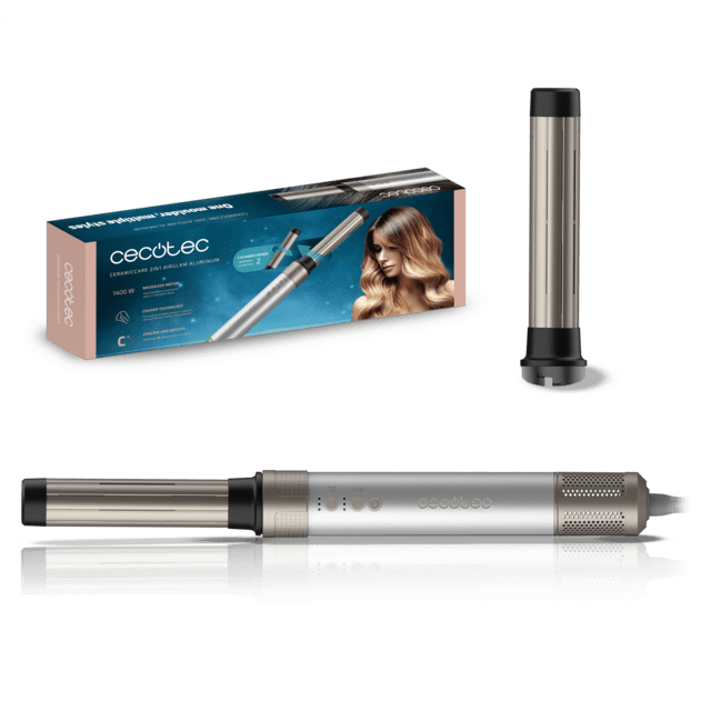 Cecotec CeramicCare 2-in-1 AirGlam Styler with sleek aluminum design and attachments