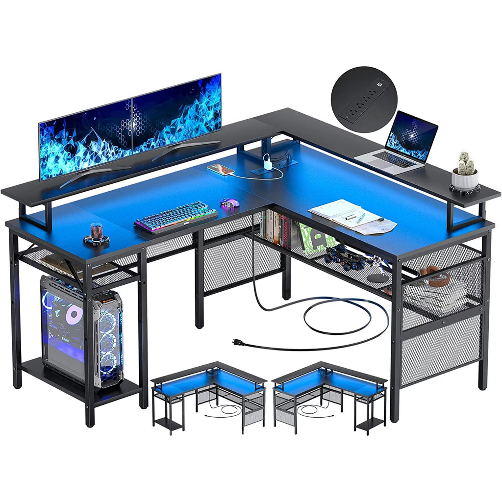 Homieasy L Shaped Desk with Power Outlets and LED Light, 55 inch Reversible L-Shaped Gaming Desk with Monitor Stand, Ergonomic Corner Computer Desk with Storage Shelf for Home Office, Black