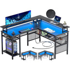Homieasy L Shaped Desk with Power Outlets and LED Light, 55 inch Reversible L-Shaped Gaming Desk with Monitor Stand, Ergonomic Corner Computer Desk with Storage Shelf for Home Office, Black