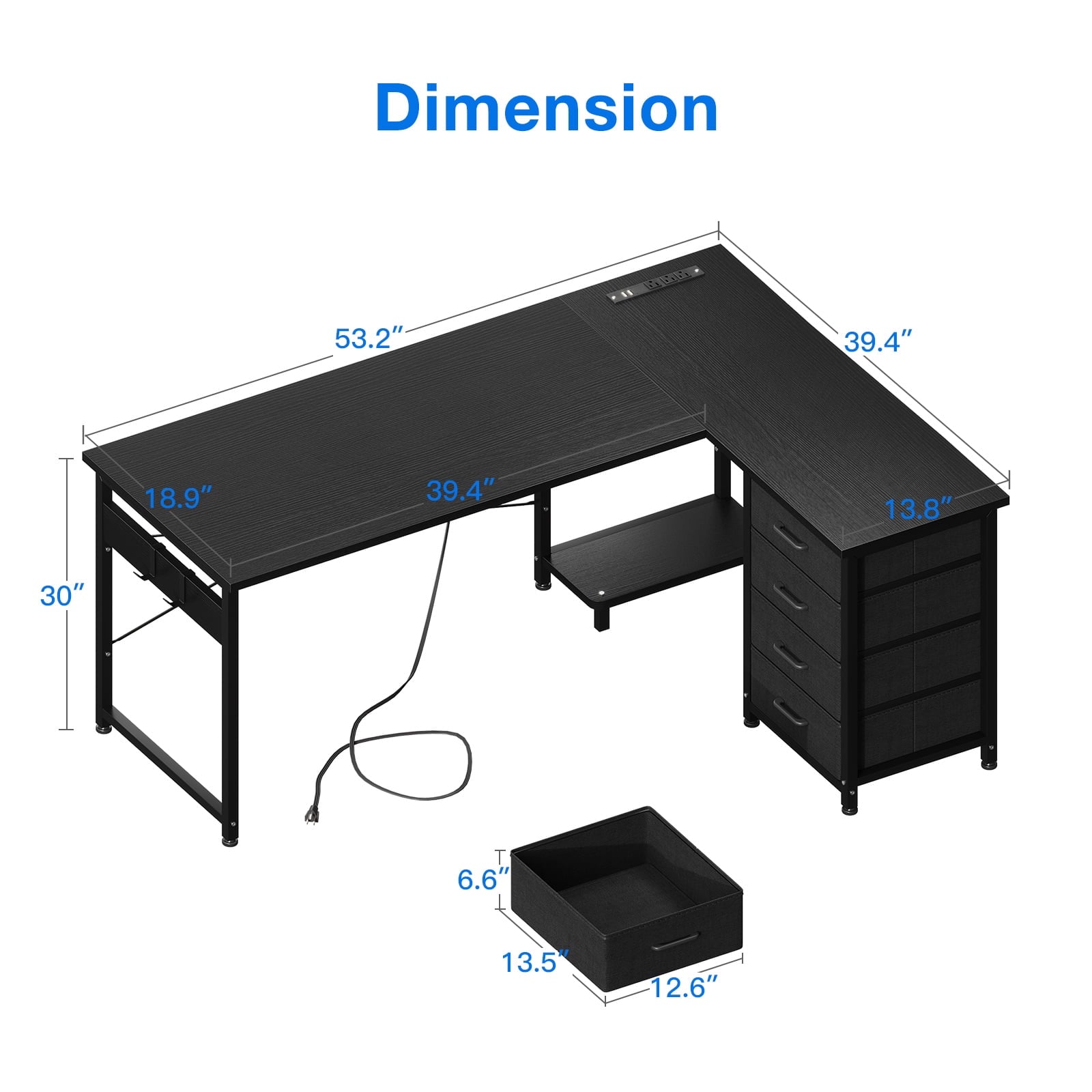 KKL L-Shaped Computer Desk with Charging Station - 53 inch
