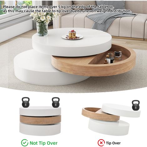 Neche White and Willow Wood Cylindrical Coffee Table with 360° Rotation