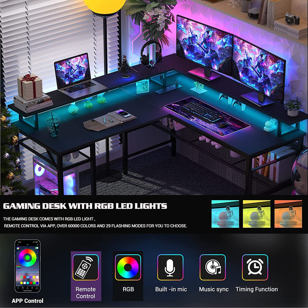 Homieasy L Shaped Desk with Power Outlets and LED Light, 55 inch Reversible L-Shaped Gaming Desk with Monitor Stand, Ergonomic Corner Computer Desk with Storage Shelf for Home Office, Black