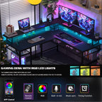 Homieasy L Shaped Desk with Power Outlets and LED Light, 55 inch Reversible L-Shaped Gaming Desk with Monitor Stand, Ergonomic Corner Computer Desk with Storage Shelf for Home Office, Black