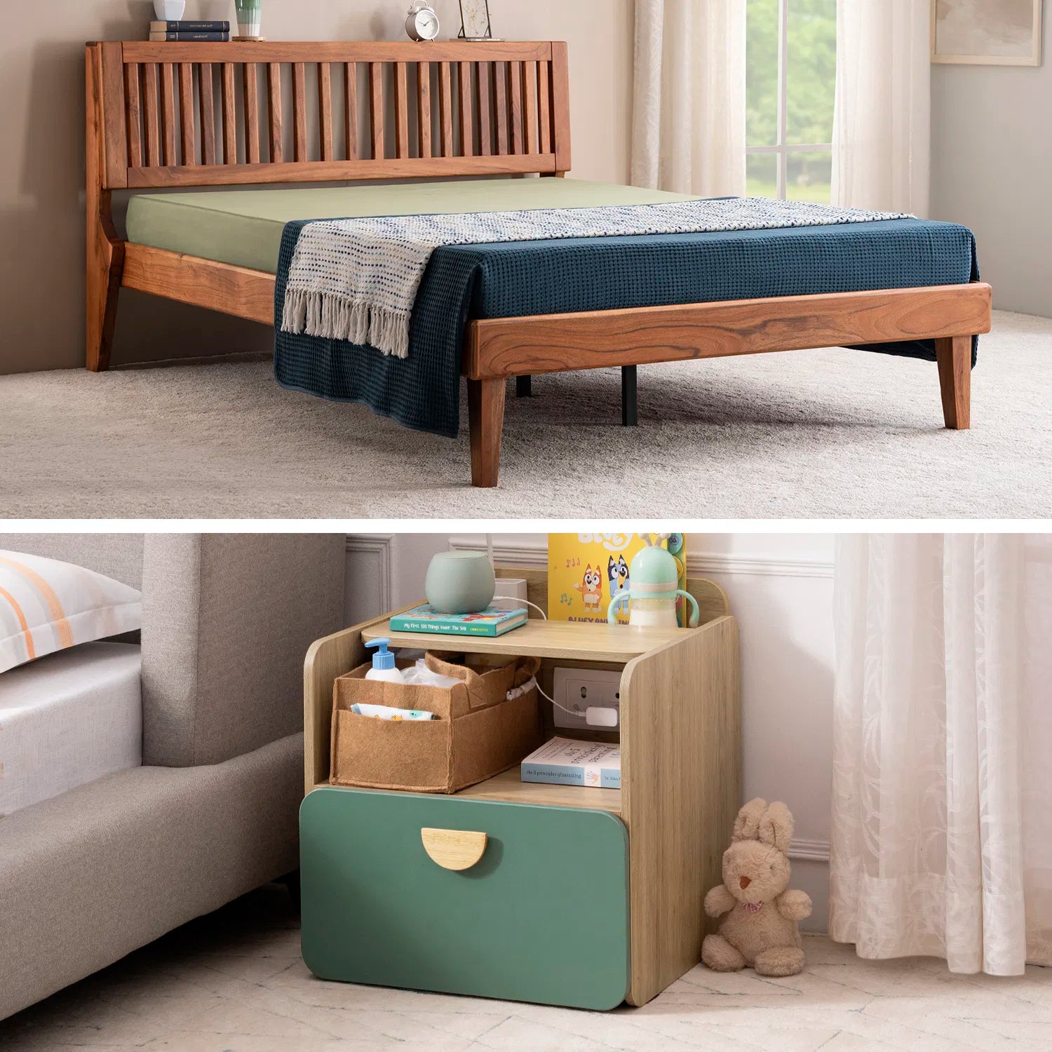 Rent Furniture - Sara Solid Wood Queen Bed with Momkin Bedside Table