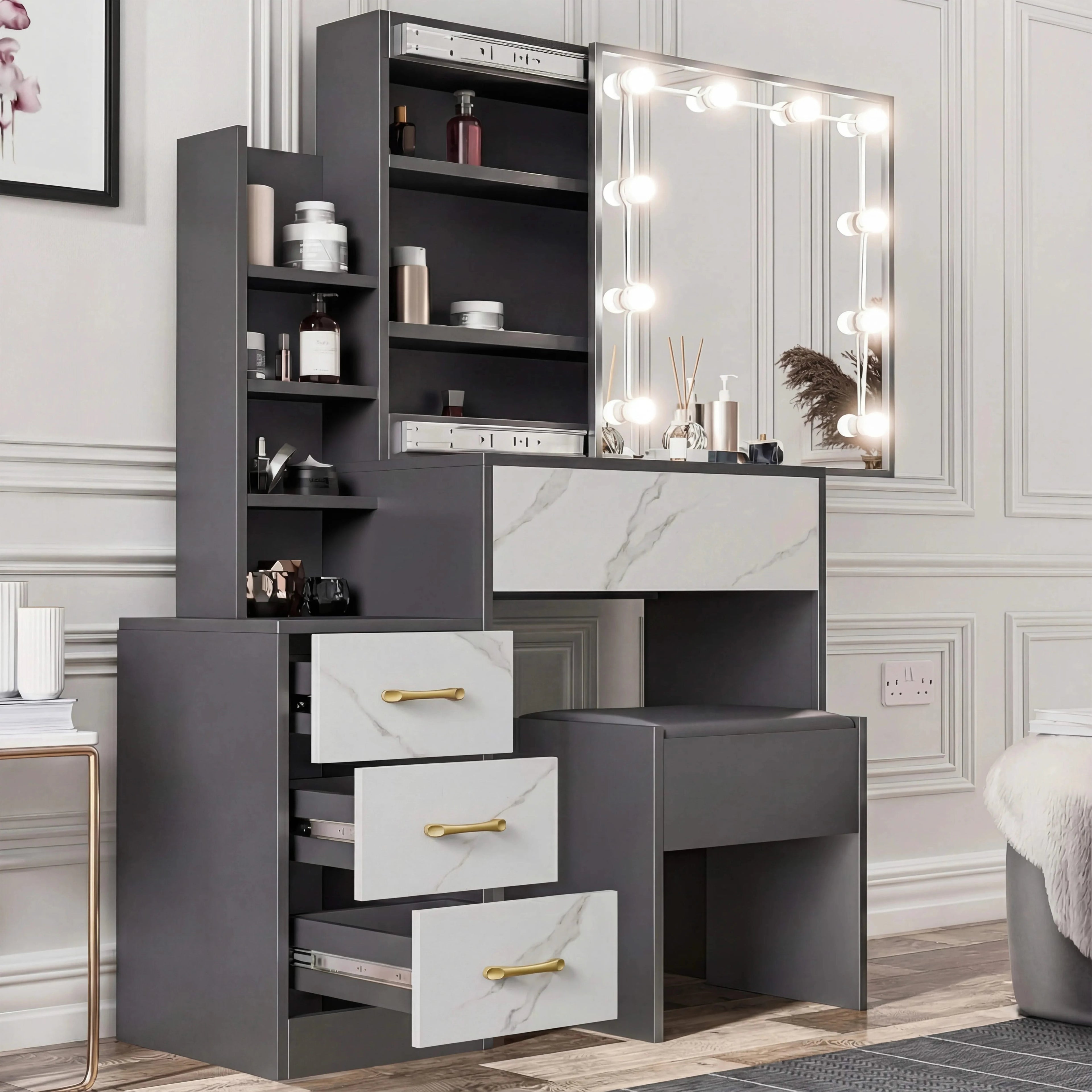 DHS Hollywood Dressing Table with Storage and Stool