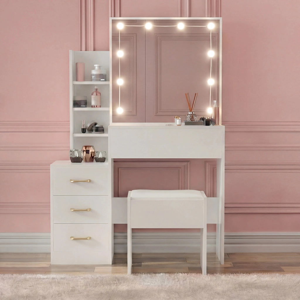 DHS Hollywood Dressing Table with Storage and Stool