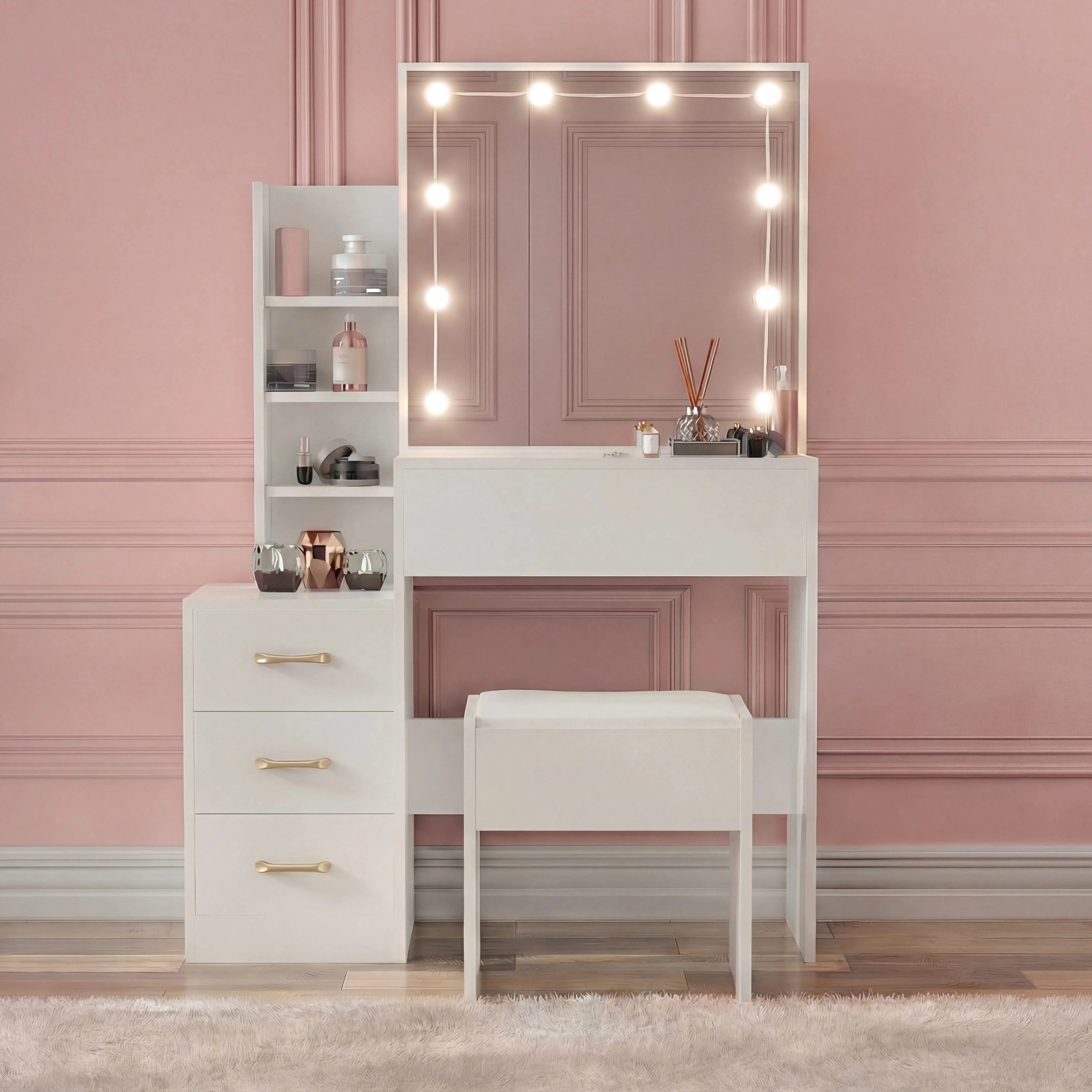 DHS Hollywood Dressing Table with Storage and Stool