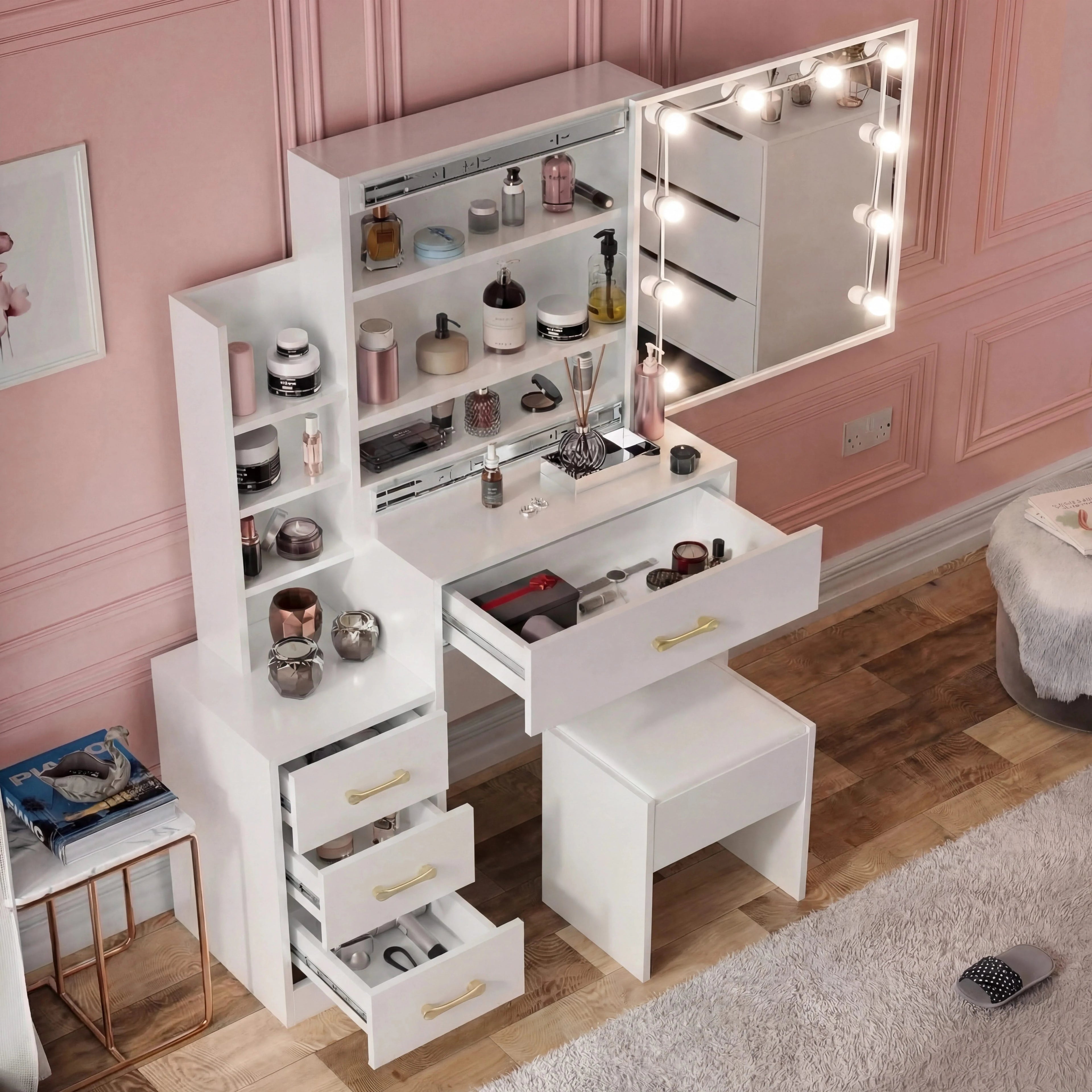 DHS Hollywood Dressing Table with Storage and Stool