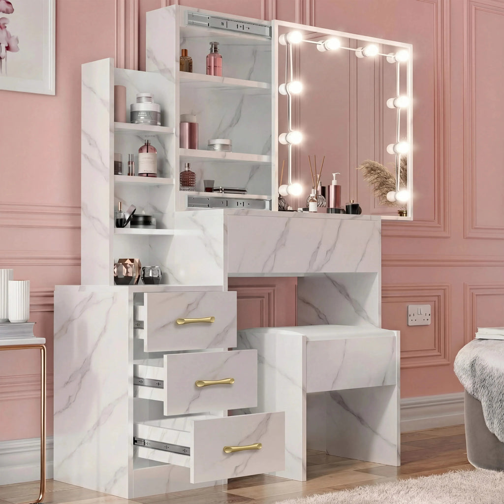DHS Hollywood Mirror Dressing Table with LED lights, drawers, and shelves in white