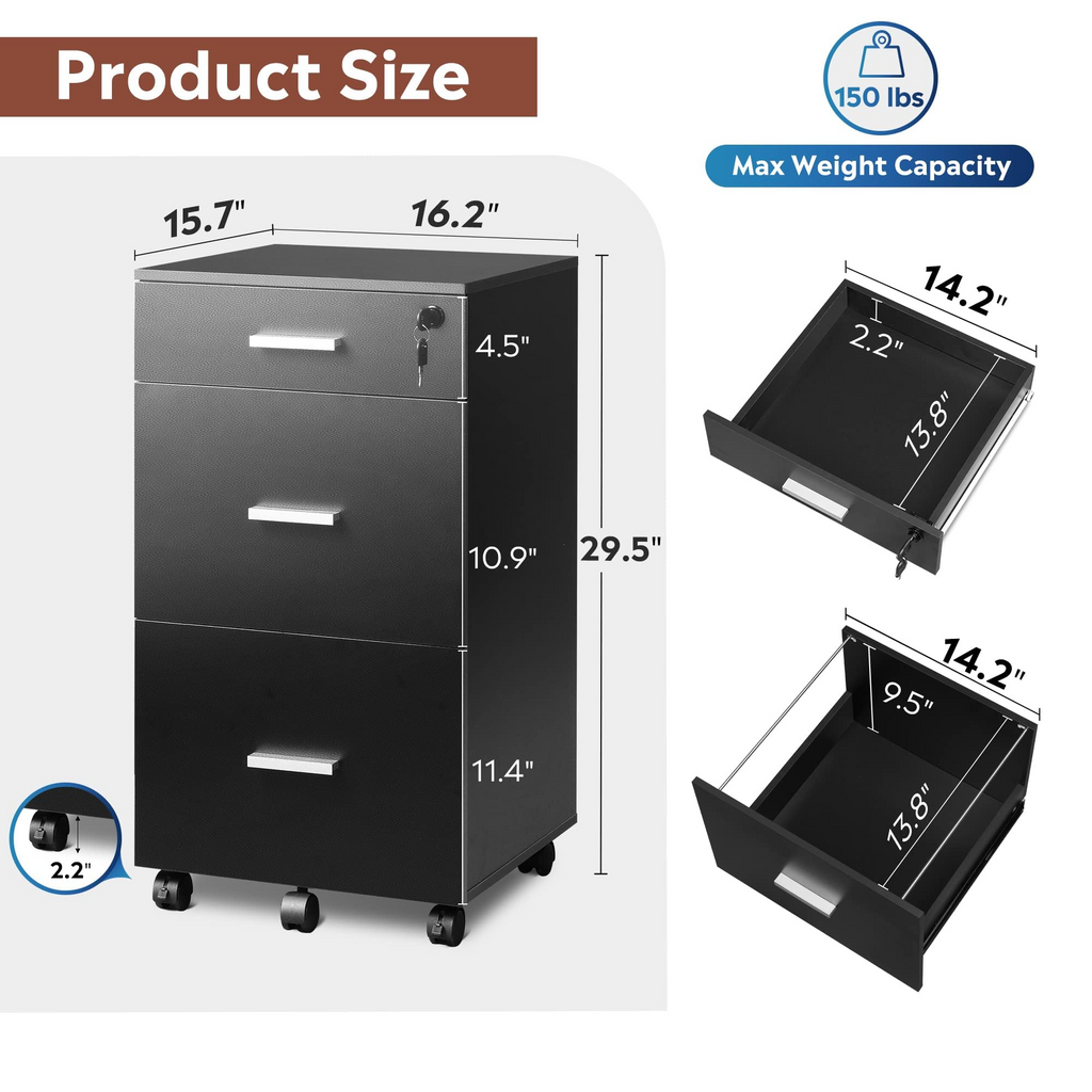 Devaise 3 Drawer Rolling Lockable File Cabinet