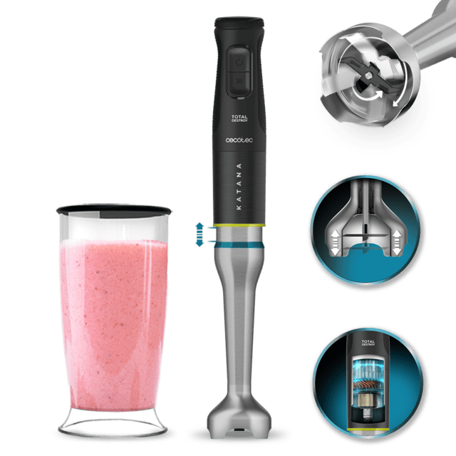Cecotec Katana 15 TotalDestroy Hand Blender with black titanium blades and splash guard