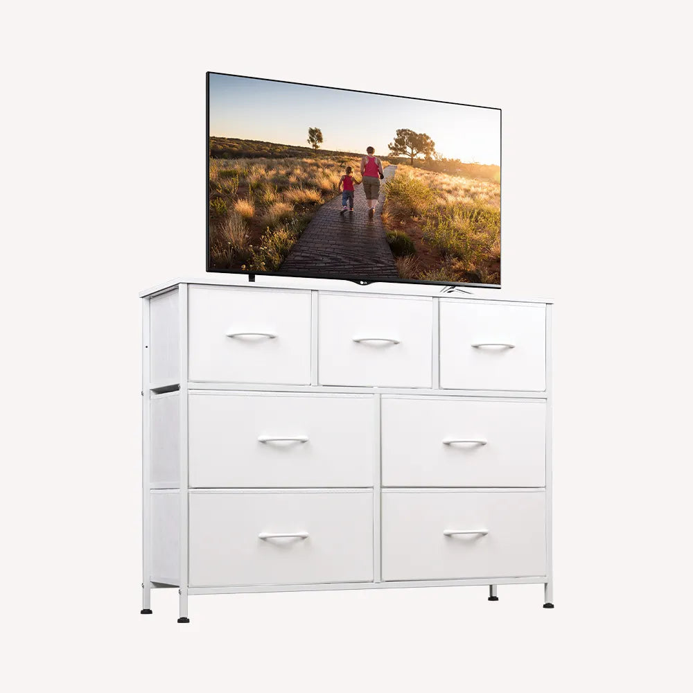 WLIVE 7-Drawer Fabric Dresser TV Stand - White