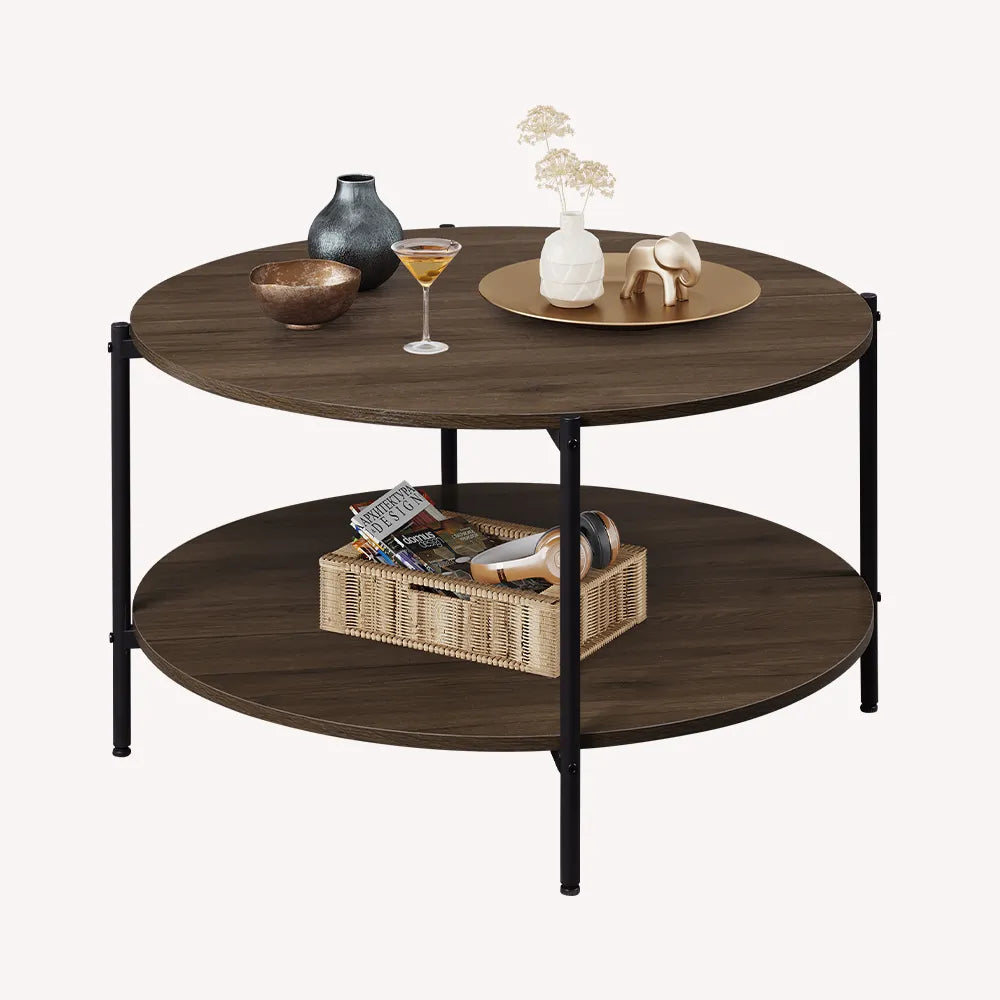 WLIVE Round Industrial Wood Coffee Table with Open Storage