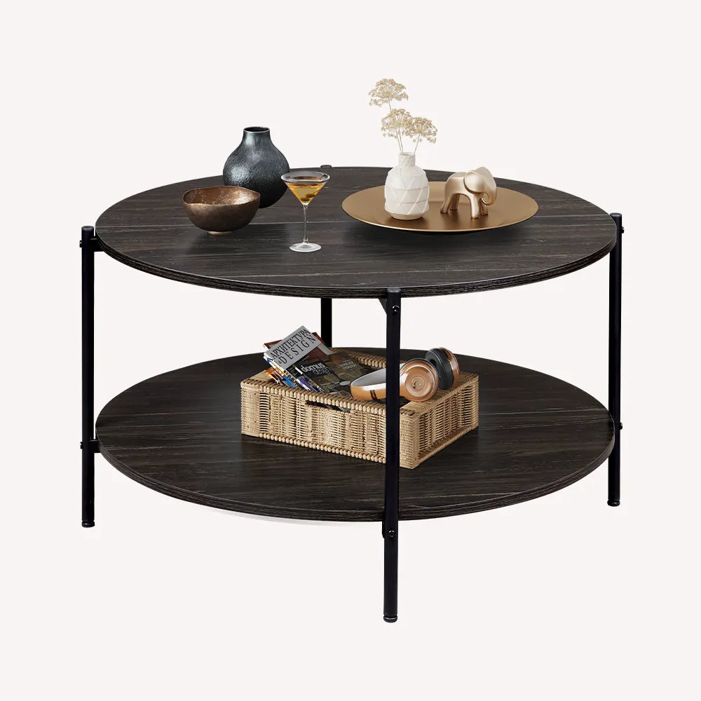 WLIVE Round Industrial Wood Coffee Table with Open Storage