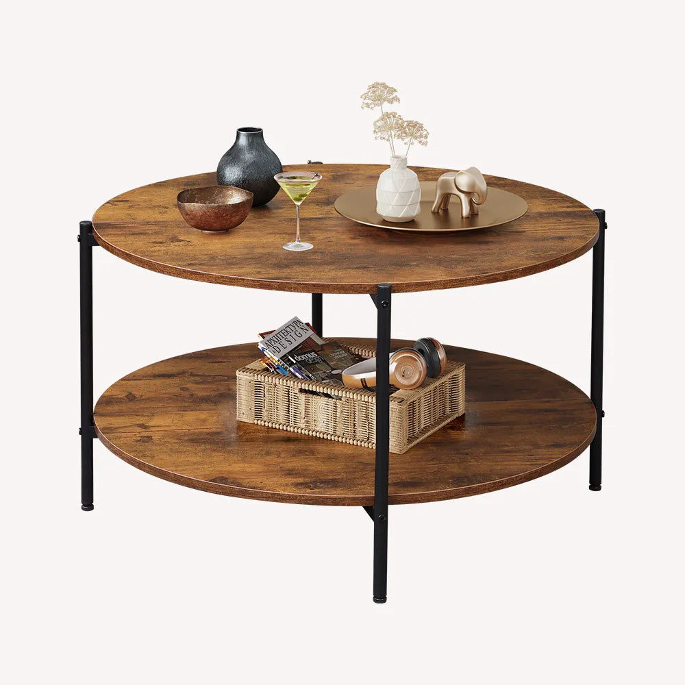 WLIVE Round Industrial Coffee Table with Open Storage