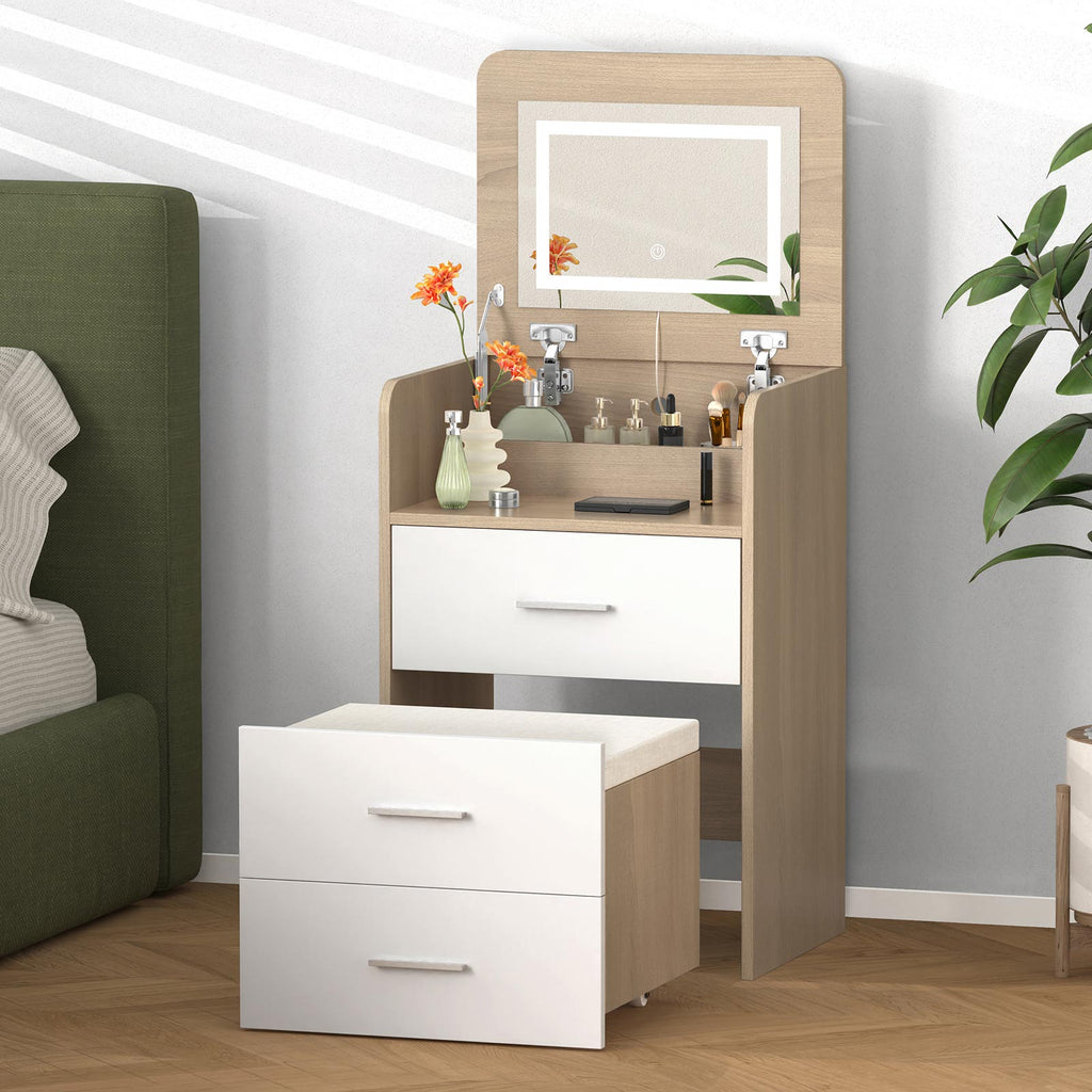 ALFORDSON 3-in-1 dressing table with LED lighting, foldable mirror, and storage stool