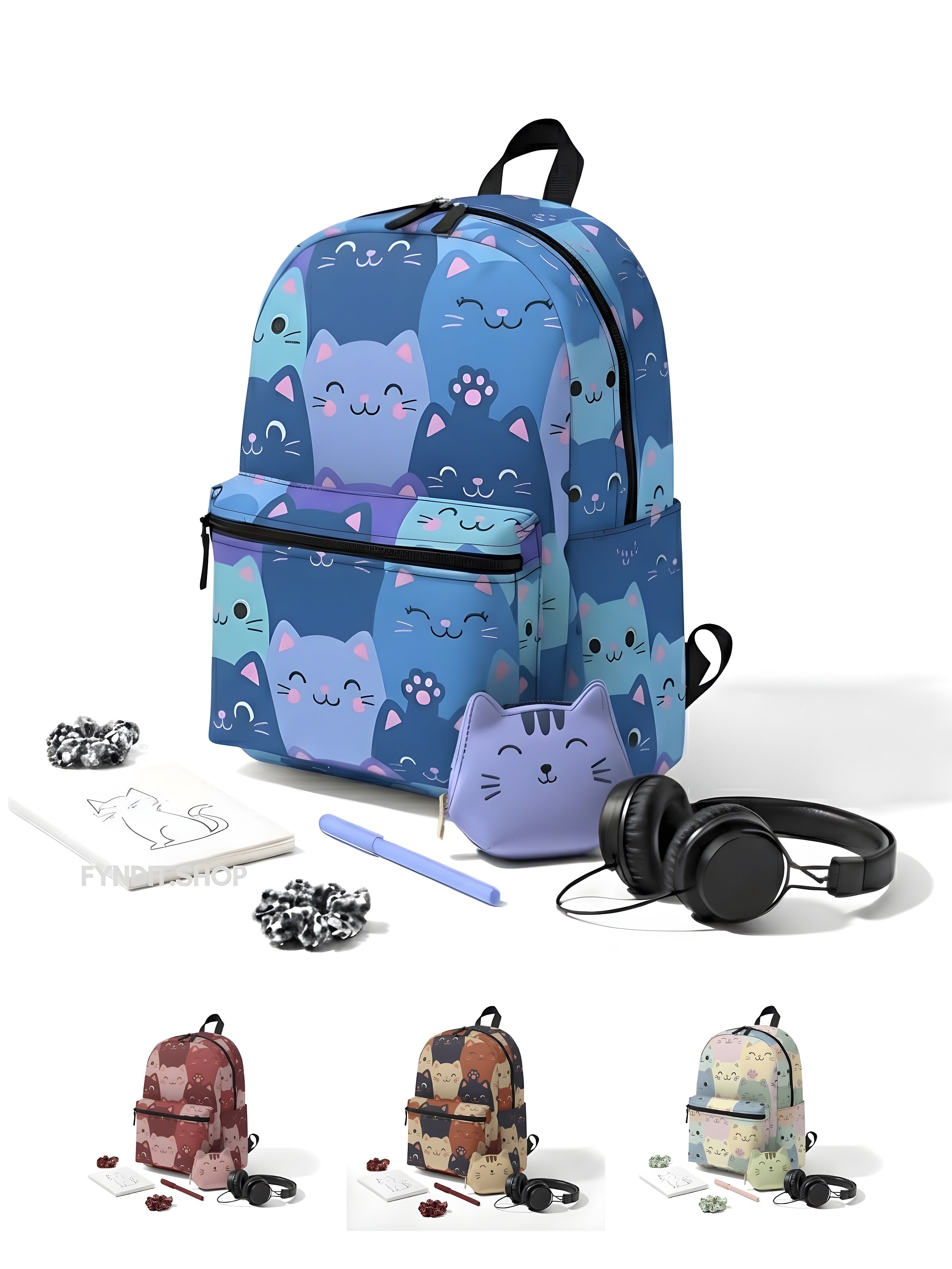 Cute Blue Cat Pattern Backpack – Aesthetic Kawaii Cat School Bag for Girls & Teens | Lightweight, Durable, Gift-Ready Everyday Carry with Playful Blue Kitty Print