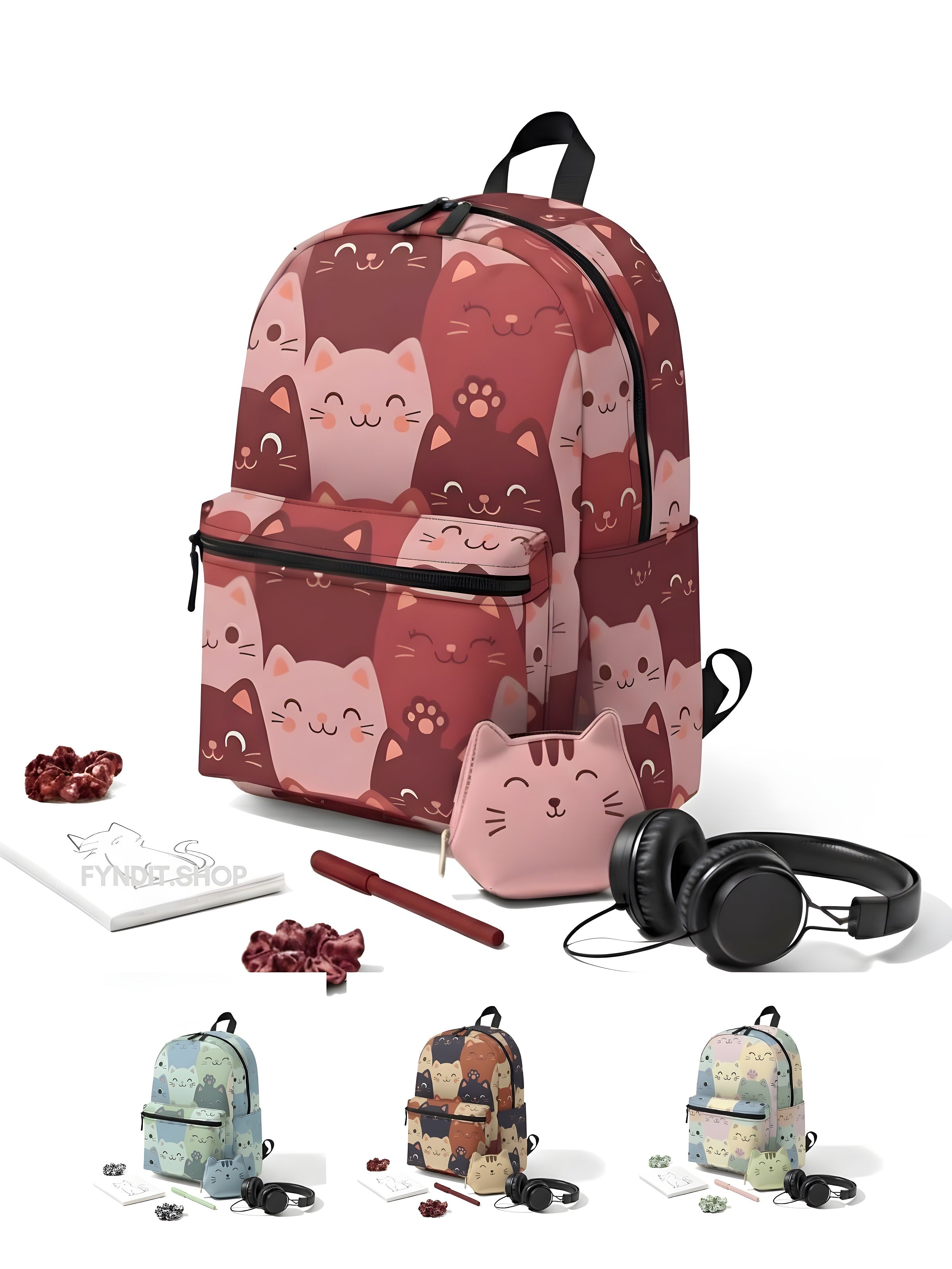Cute Red Cat Pattern Backpack – Kawaii Kitty School & Travel Bag | Rosy Smiling Cats Pattern in Warm Red Tones | Lightweight, Durable, Gift-Ready Everyday Carry