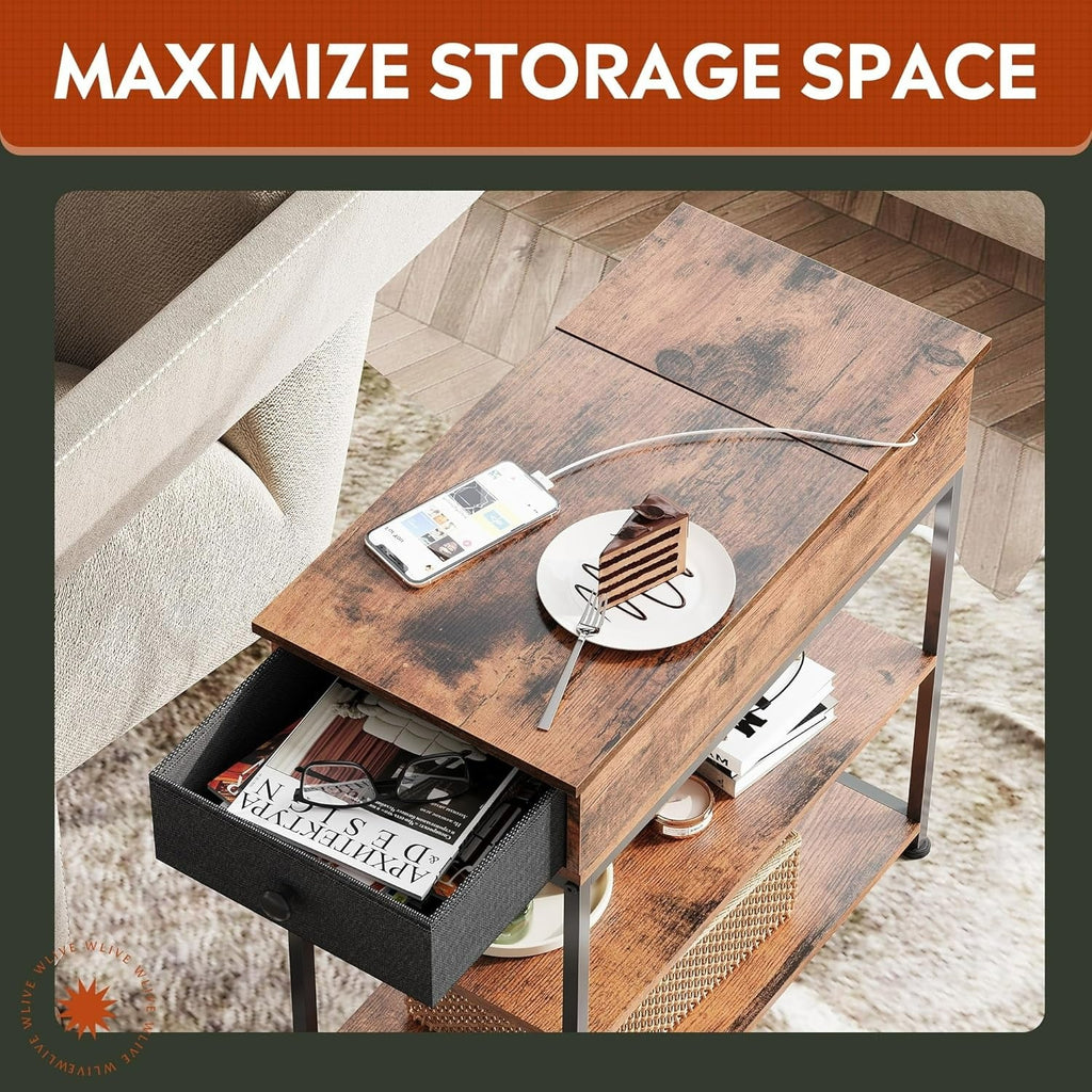WLIVE Small Wood Storage Side Table with Charging Station