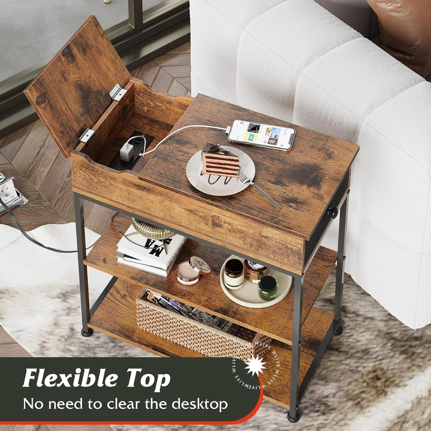 WLIVE Small Wood Storage Side Table with Charging Station