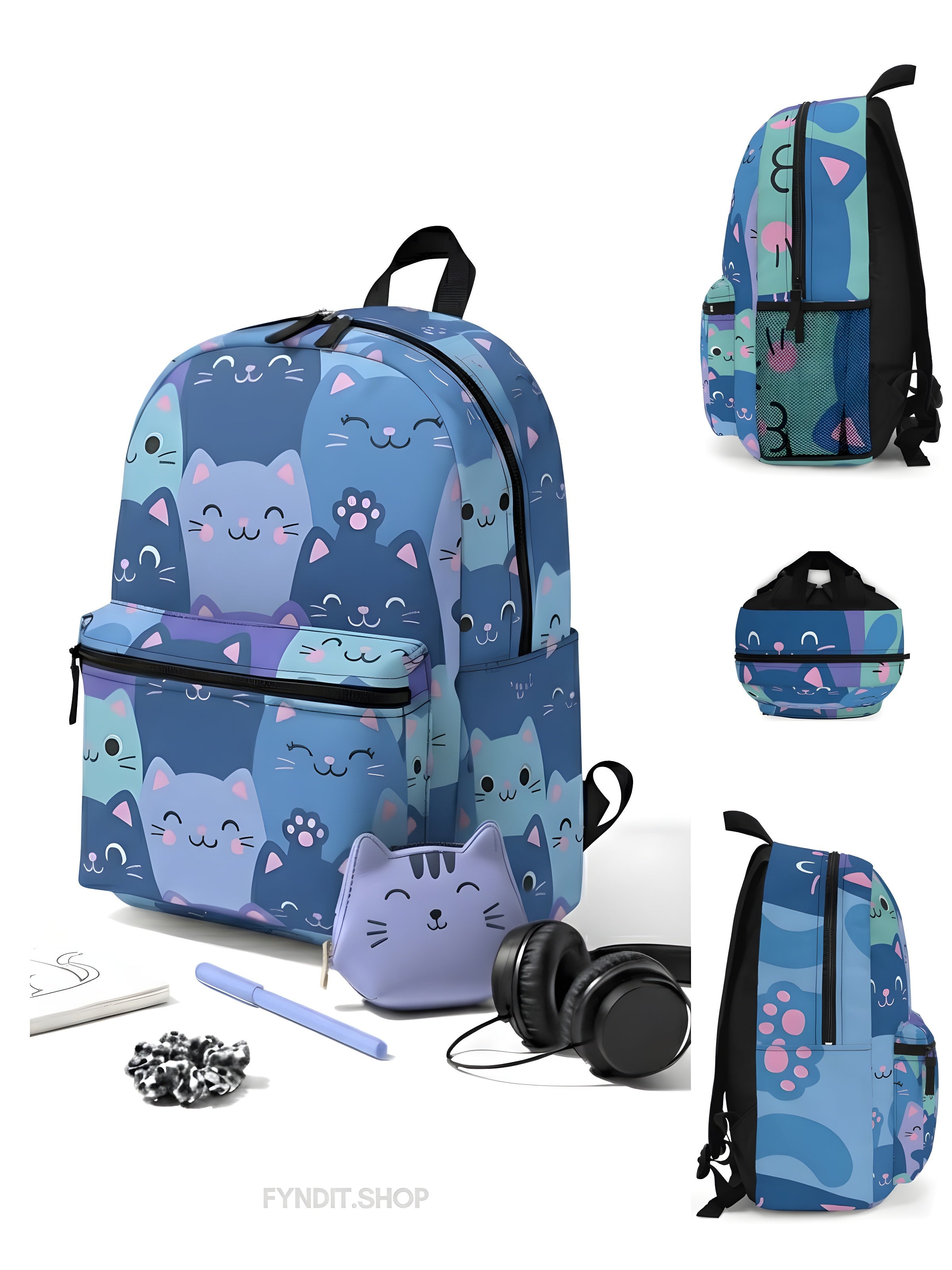 Cute Blue Cat Pattern Backpack – Aesthetic Kawaii Cat School Bag for Girls & Teens | Lightweight, Durable, Gift-Ready Everyday Carry with Playful Blue Kitty Print