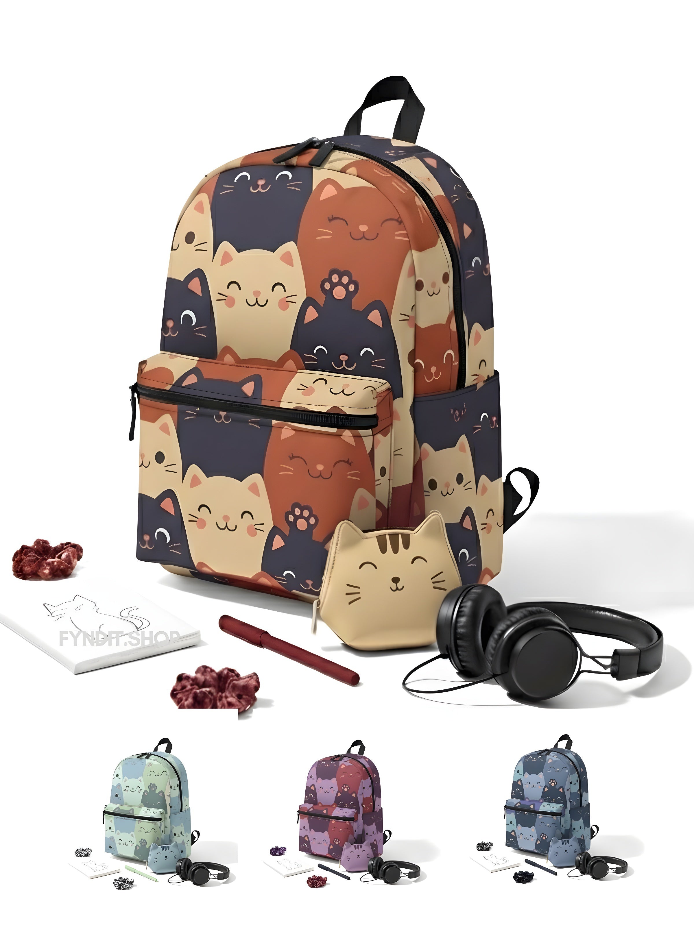 Cute Kawaii Cat Pattern Backpack — Cartoon Maneki Neko Cats School & Travel Bag | Soft Cream, Terracotta & Navy Faces in a Friendly Collage | Durable, Lightweight & Gift-Ready