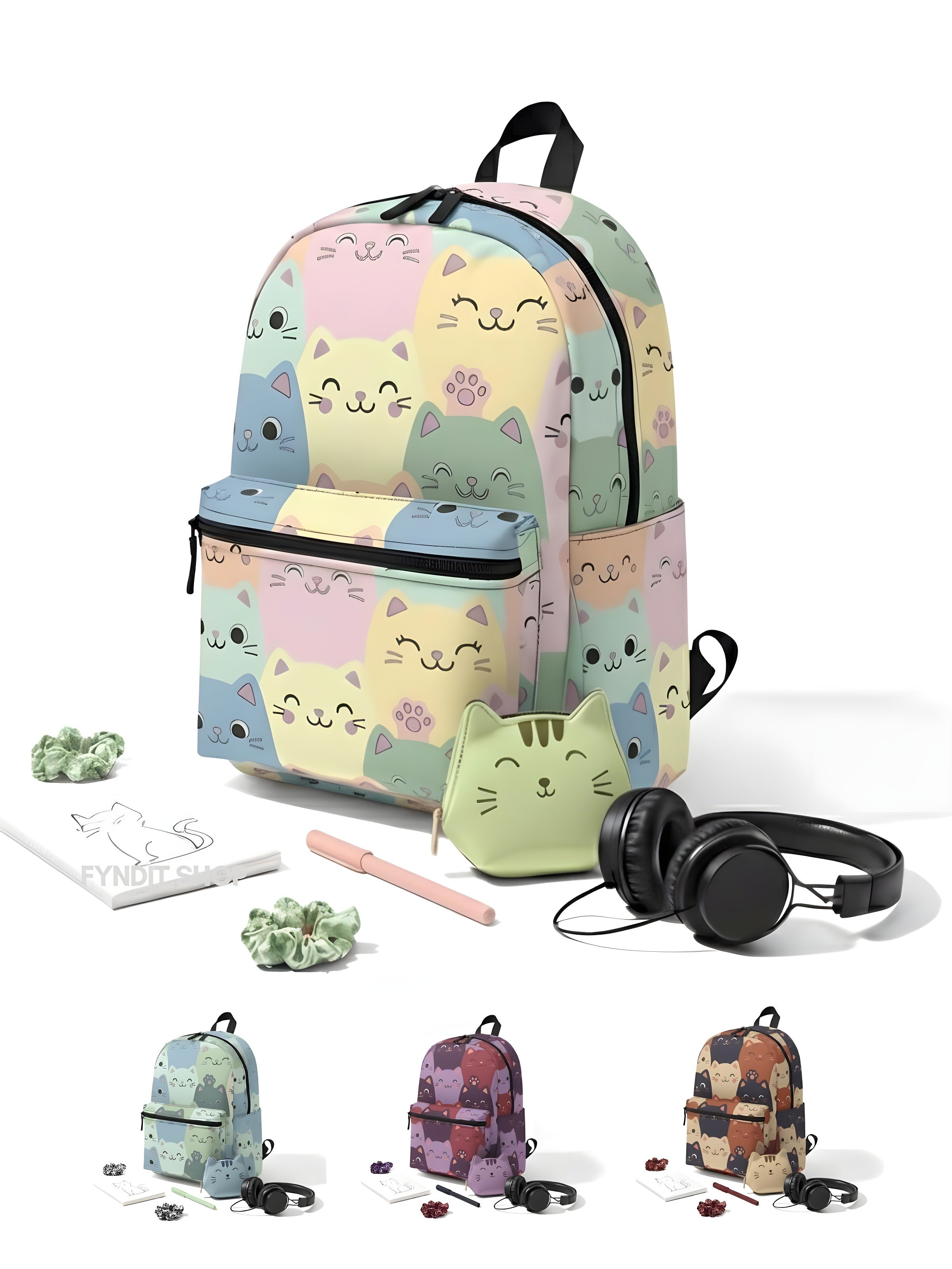 Pastel Cat Faces Backpack — Quiet Luxury Kawaii for Women, Teens & Travelers | Lightweight, Durable, Gift-Ready Everyday Carry with Chic Pastel Design