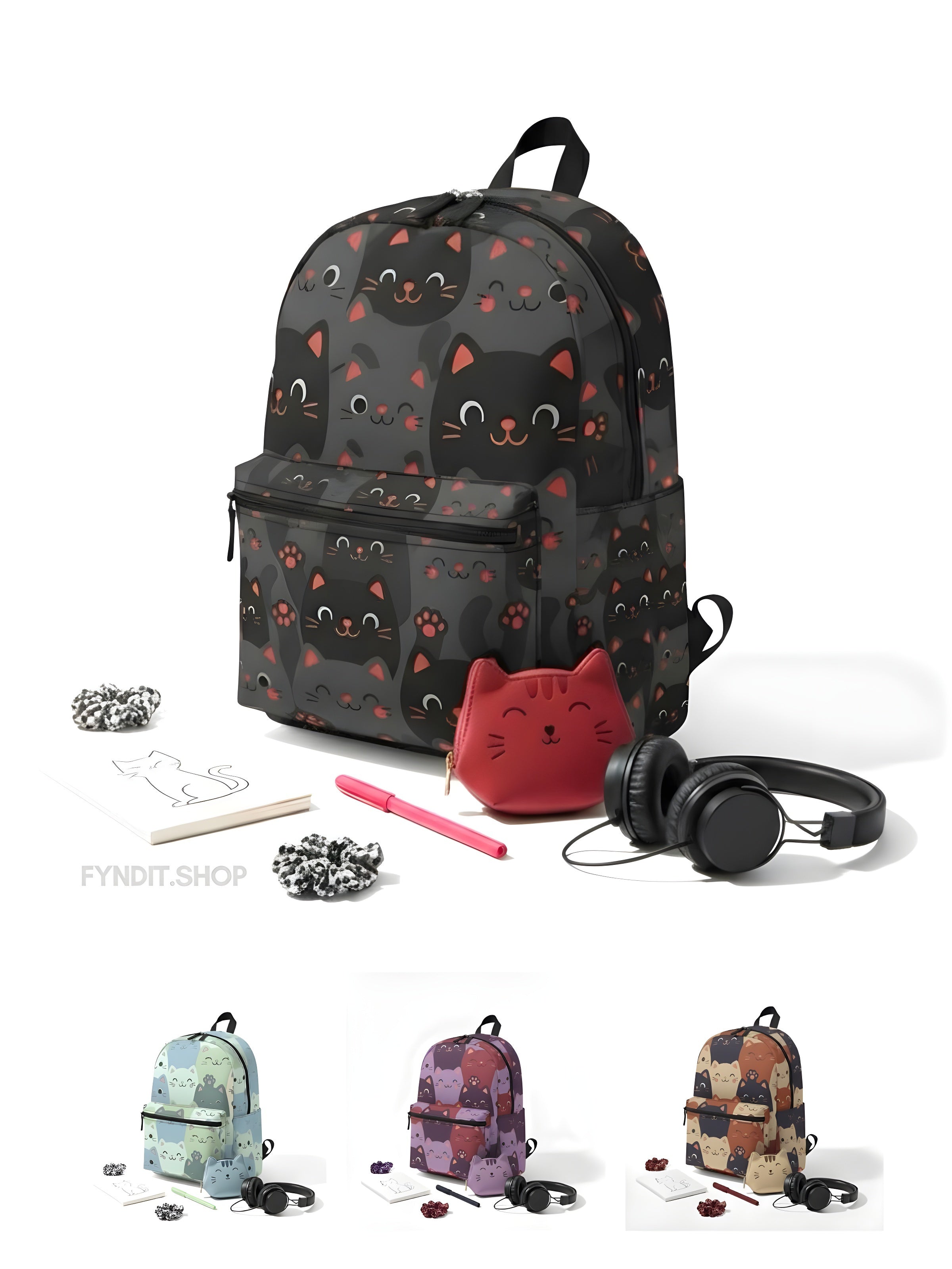 Cute Black & Red Cat Pattern Backpack – Kawaii Cats School & Travel Bag for Teens & Women | Lightweight, Durable, Everyday Carry for College & Office