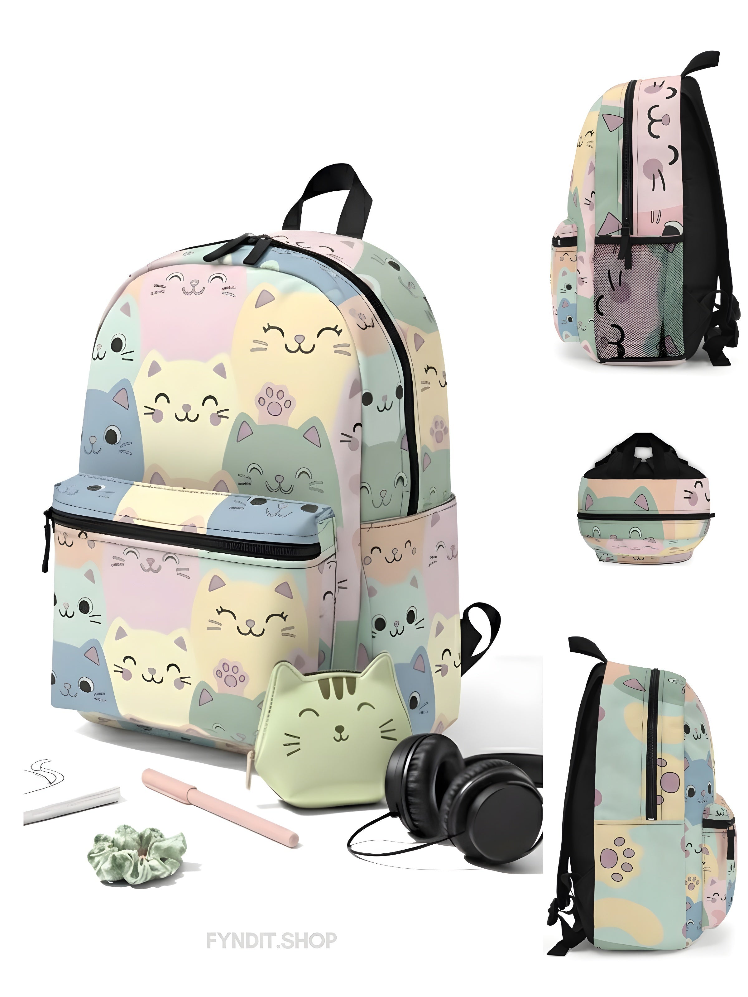 Pastel Cat Faces Backpack — Quiet Luxury Kawaii for Women, Teens & Travelers | Lightweight, Durable, Gift-Ready Everyday Carry with Chic Pastel Design