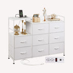 WLIVE Minimalist Three-column 8-Drawer Large Fabric Dresser with charging station and wood top